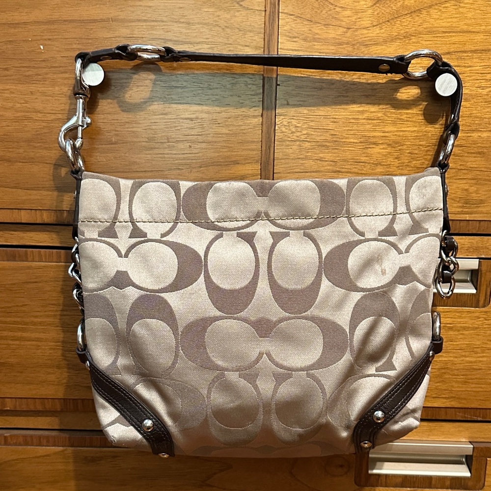 Coach Tan and Brown Signature Carly Shoulder Bag